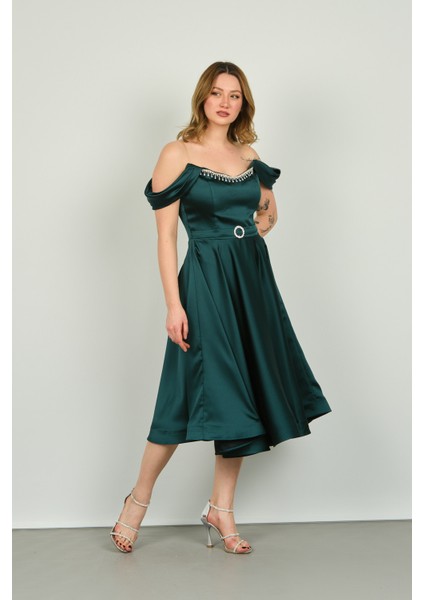 Kadın Straplez Düşük Omuz Abiye Elbise 1463 Zümrüt