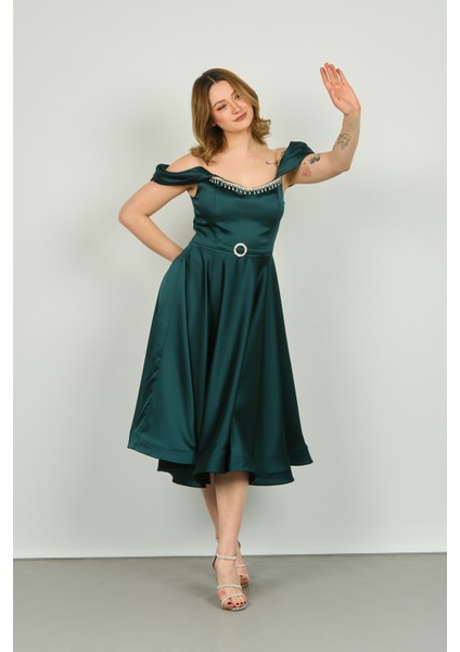 Kadın Straplez Düşük Omuz Abiye Elbise 1463 Zümrüt fiyatları