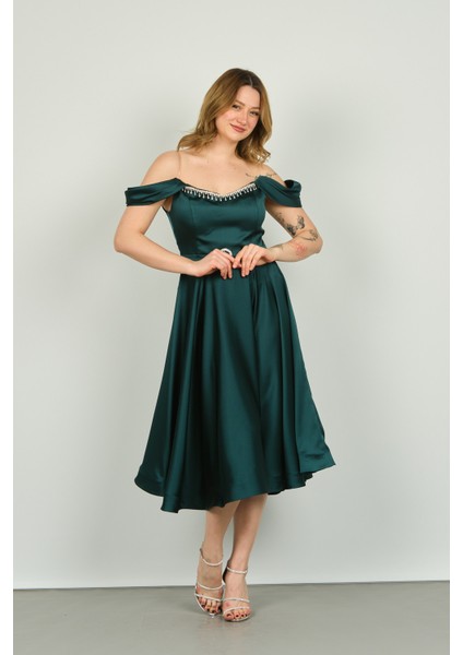 Kadın Straplez Düşük Omuz Abiye Elbise 1463 Zümrüt modelleri