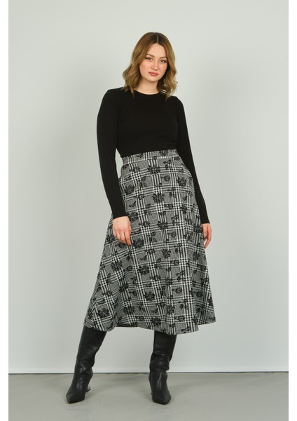 Kadın Desenli Midi Boy Rahat Form Etek 23917 Siyah