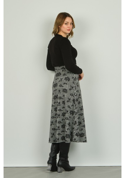 Kadın Desenli Midi Boy Rahat Form Etek 23917 Siyah fırsatları