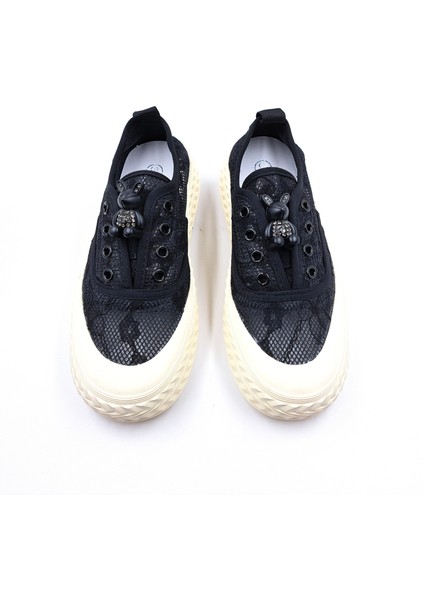 Teddy Bear Dantel Detaylı Bağcıksız Siyah Kadın Sneaker Ayakkabı G24Y3061