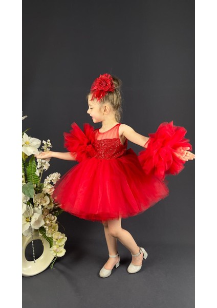 Ponpon Kol Pul Payetli Tütülü Kız Çocuk Abiye