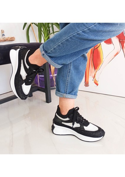 Siyah Renk Kot Triko Malzeme Bağcıklı Kadın Sneakers