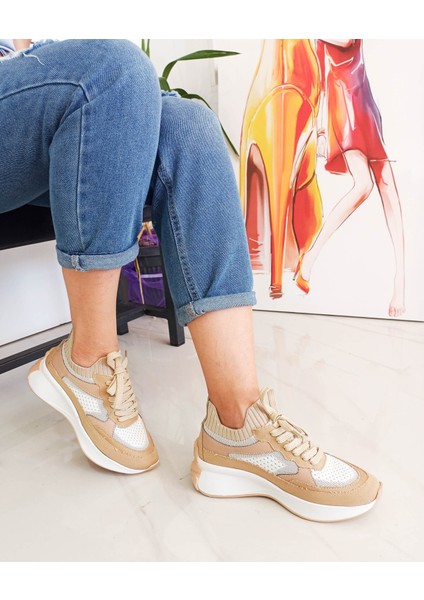 Ten Renk Kot Triko Malzeme Bağcıklı Kadın Sneakers