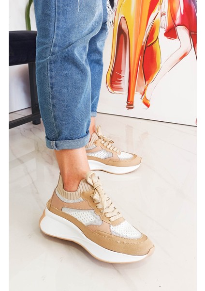 Ten Renk Kot Triko Malzeme Bağcıklı Kadın Sneakers modelleri