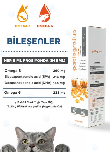 Patiografya Premium Kedi ve Köpekler İçin Balık Yağı 200 ml