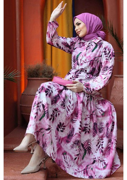 Çiçek Desenli Fuşya Tesettür Elbise 60891F fiyatları