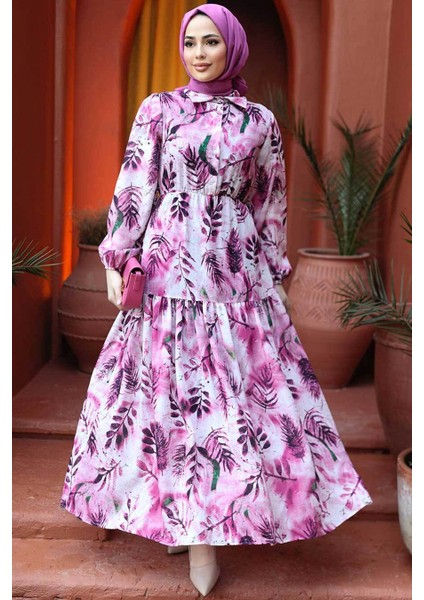 Çiçek Desenli Fuşya Tesettür Elbise 60891F modelleri