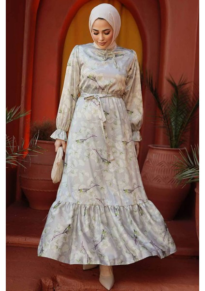 Çiçek Desenli Fıstık Yeşili Tesettür Elbise 60901FY