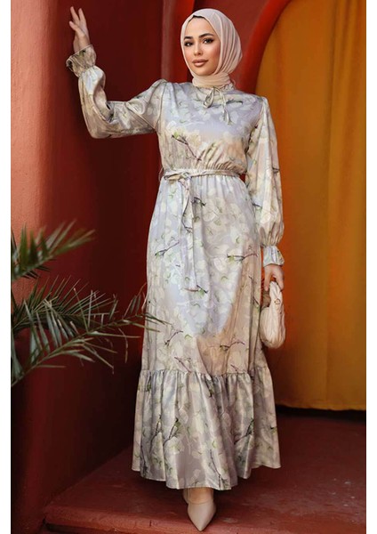 Çiçek Desenli Fıstık Yeşili Tesettür Elbise 60901FY fiyatları