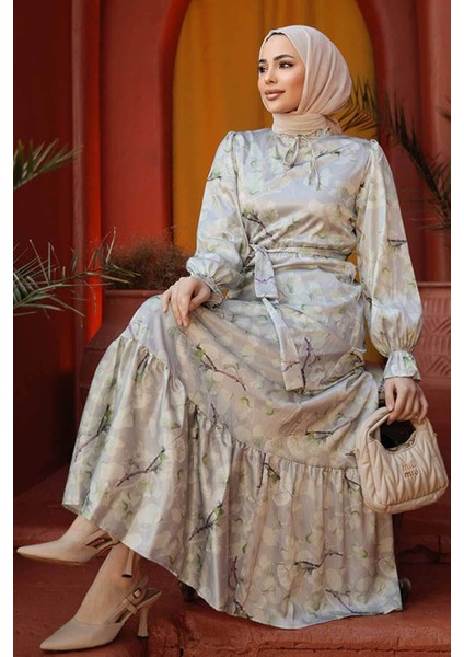 Çiçek Desenli Fıstık Yeşili Tesettür Elbise 60901FY modelleri