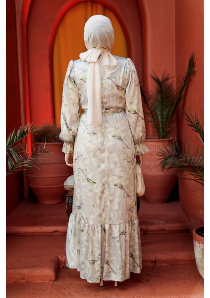 Çiçek Desenli Fıstık Yeşili Tesettür Elbise 60901FY fırsatları