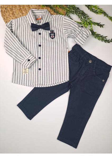 Erkek Çocuk Kot Pantolon Gömlek Papyon Çizgili Gömlek Likralı Kot