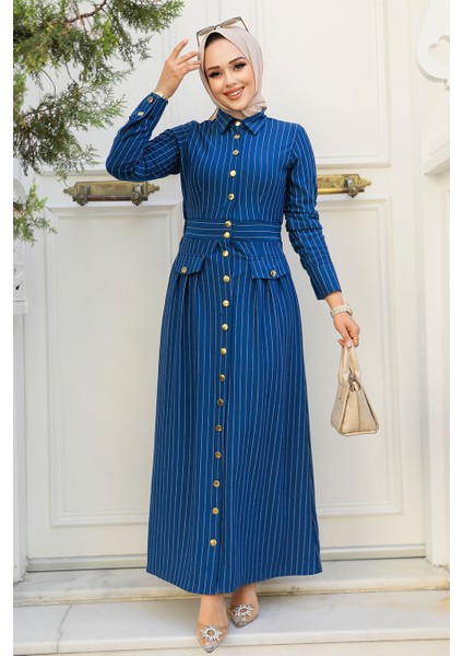 Çizgili Indigo Mavisi Tesettür Elbise 23051IM modelleri