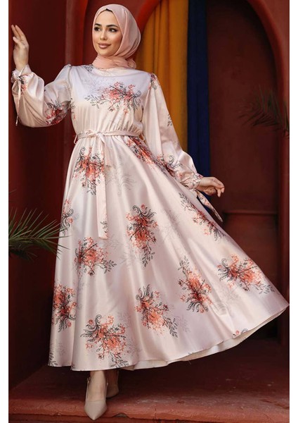 Çiçek Desenli Turuncu Tesettür Elbise 60911T