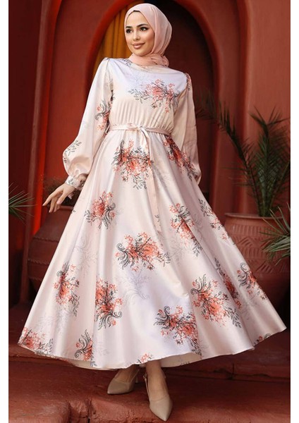Çiçek Desenli Turuncu Tesettür Elbise 60911T modelleri