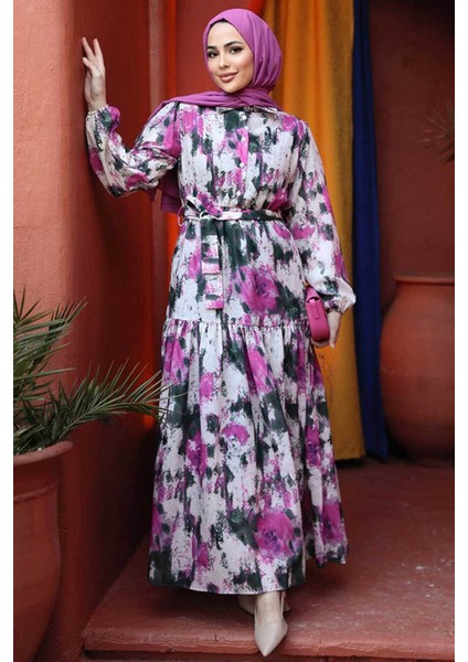 Desenli Fuşya Tesettür Elbise 60892F