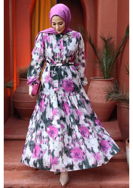 Desenli Fuşya Tesettür Elbise 60892F fiyatları