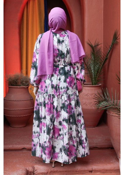 Desenli Fuşya Tesettür Elbise 60892F modelleri