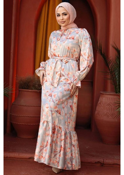 Çiçek Desenli Turuncu Tesettür Elbise 60901T fiyatları