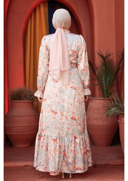 Çiçek Desenli Turuncu Tesettür Elbise 60901T fırsatları