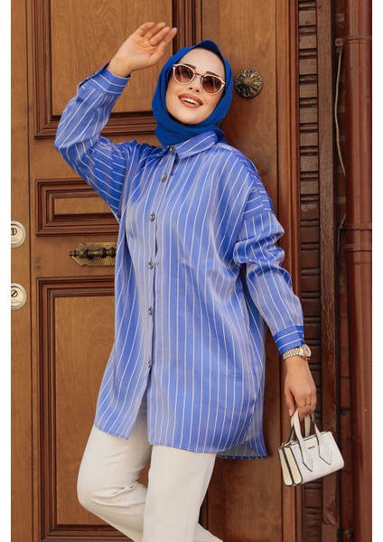 Neva Style Çizgili Indigo Mavisi Tesettür Tunik 21401IM