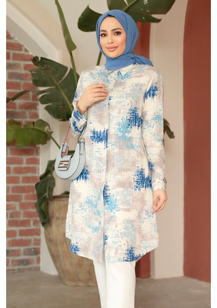 Desenli Indigo Mavisi Tesettür Tunik 11677IM