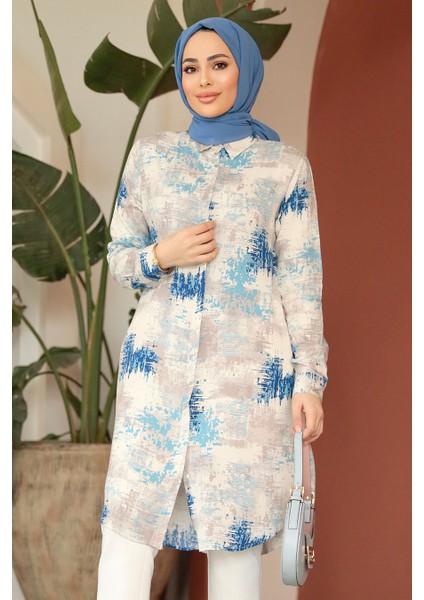 Desenli Indigo Mavisi Tesettür Tunik 11677IM