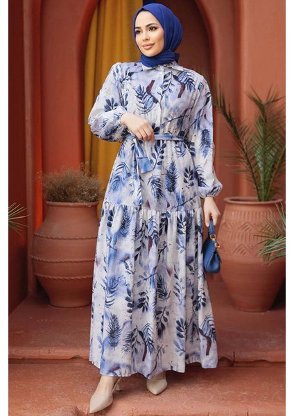 Çiçek Desenli Indigo Mavisi Tesettür Elbise 60891IM