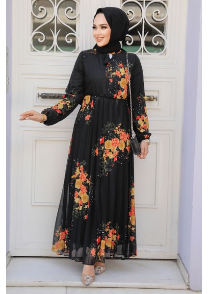 Çiçek Desenli Siyah Tesettür Elbise 503501S
