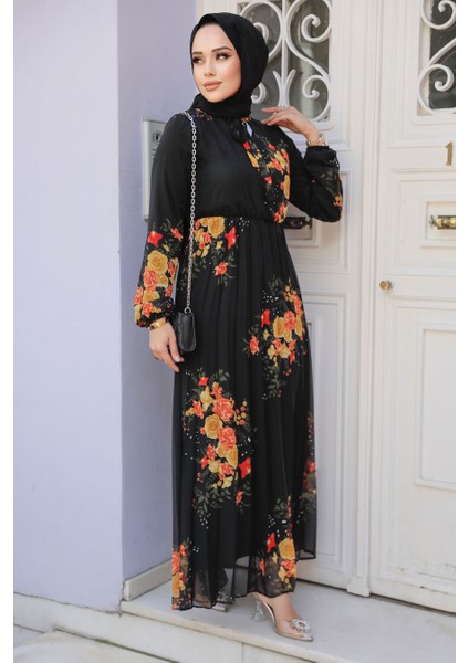 Çiçek Desenli Siyah Tesettür Elbise 503501S modelleri