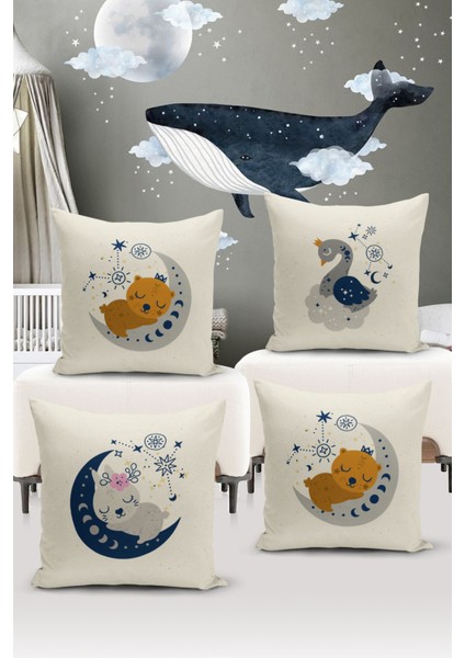 Çocuk Bebek Çift Tarafı Dijital Baskılı 4'lü Kırlent Kılıfı Seti (Kids Children Cushion Cover)