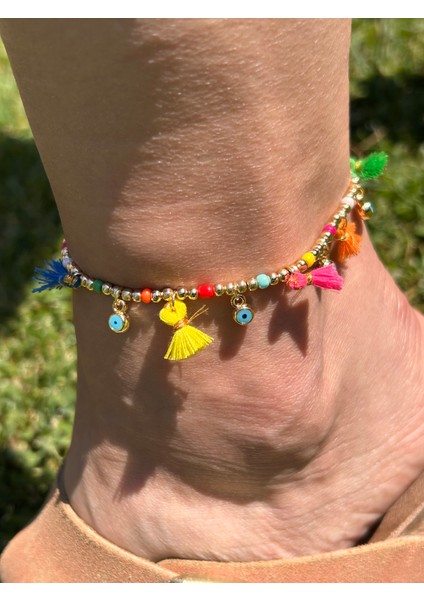 Zarif Şık Kadın Bohem Etnik Renkli Püskül Gold Boncuk Halhal