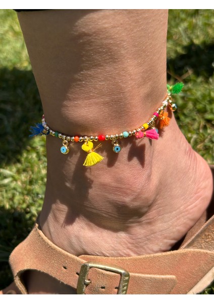 Zarif Şık Kadın Bohem Etnik Renkli Püskül Gold Boncuk Halhal fiyatları