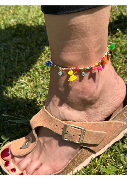 Zarif Şık Kadın Bohem Etnik Renkli Püskül Gold Boncuk Halhal modelleri