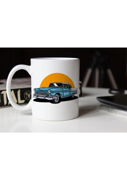 Mavi Klasik Araba Temalı Beyaz Porselen Kupa 001 TFA-004