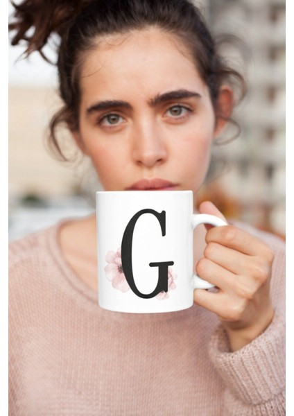 G Harfi Pembe Çiçek Baskılı Kupa Beyaz