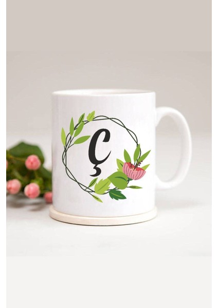 Ç Harfli Yaprak Çerçeveli Baskılı Kupa Bardak