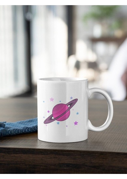 Pembe Satürn ve Yıldız Baskılı Kupa Beyaz