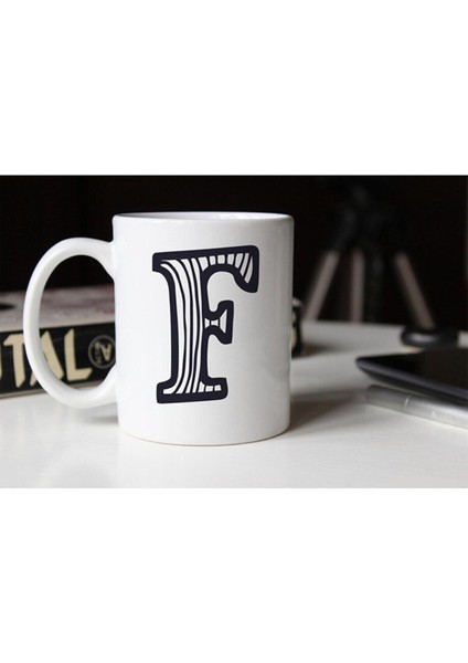 Siyah Beyaz Çizgili F Harfli Porselen Kupa TFSBH-007