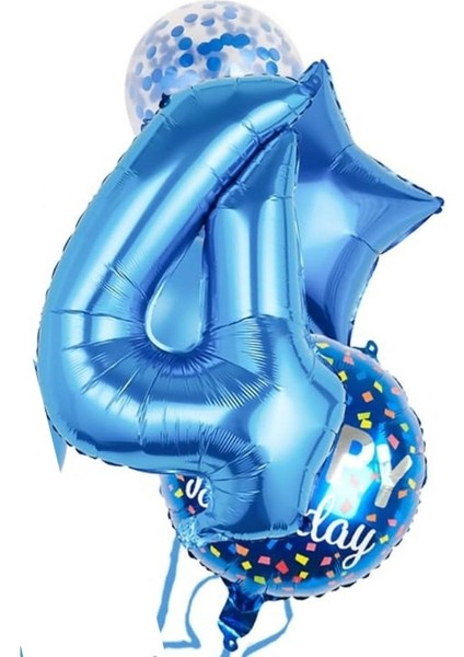 Mavi 4 Yaş Happy Birthday Konfetili Balon Set