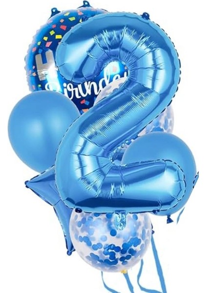 Mavi 2 Yaş Happy Birthday Konfetili Balon Set