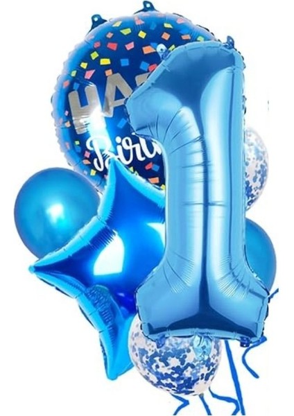 Mavi 1 Yaş Happy Birthday Konfetili Balon Set