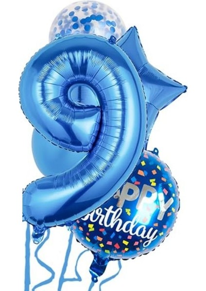 Mavi 9 Yaş Happy Birthday Konfetili Balon Set