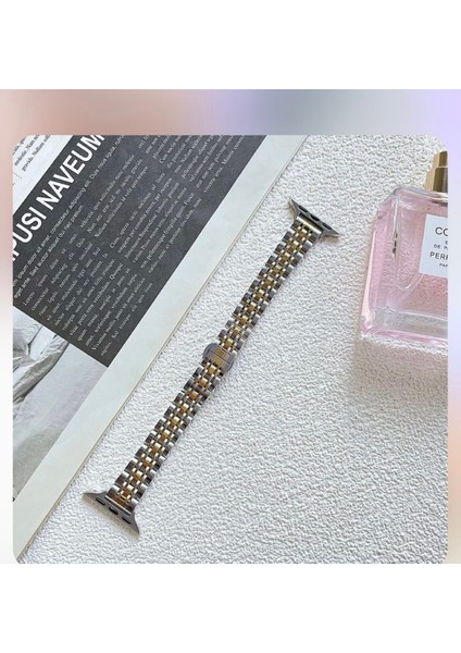 Apple Watch Uyumlu Slim Gümüş-Gold Çelik Kordon 38-40-41 mm