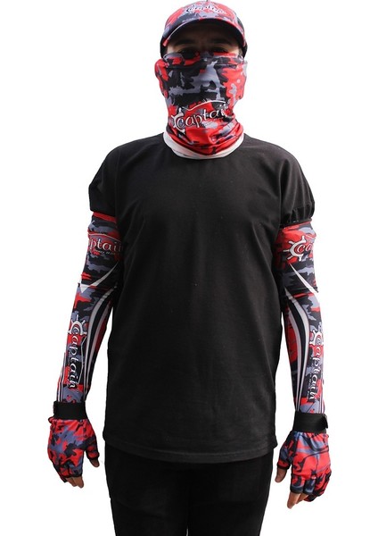 Fisherman Style Camo Red Set Cap+Eldiven+Kolluk+Buff