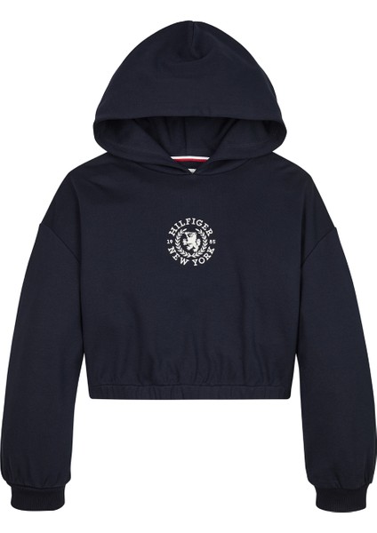 Düz Kız Çocuk Lacivert Sweatshırt Crest Logo Hoodıe