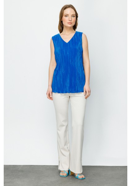 V Yaka Piliseli Kolsuz Saks Kadın Bluz 24EKL01082 modelleri