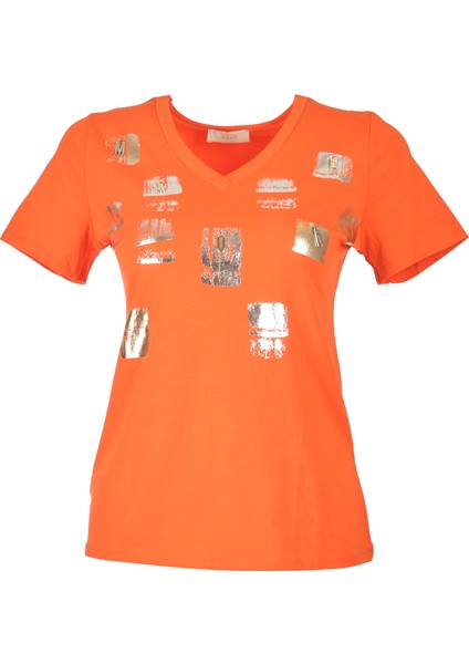 Bisiklet Yaka Baskılı Kısa Kollu Oranj Kadın T-Shirt 2243102